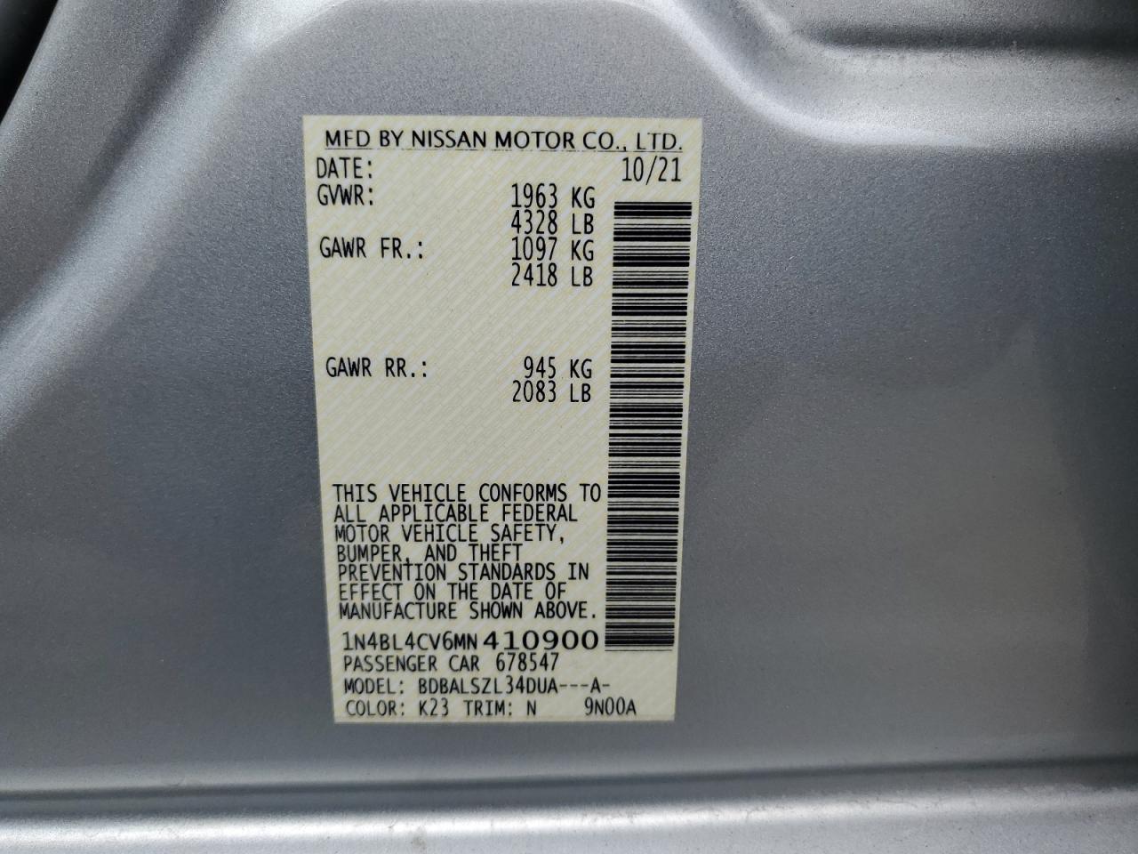 2021 Nissan Altima Sr VIN: 1N4BL4CV6MN410900 Lot: 81139685