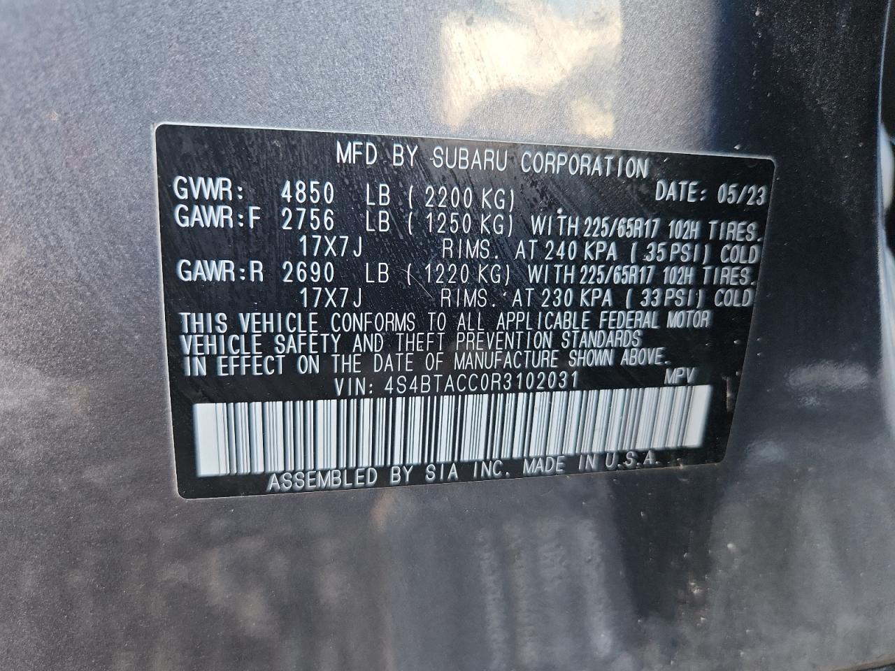 2024 Subaru Outback Premium VIN: 4S4BTACC0R3102031 Lot: 81669655