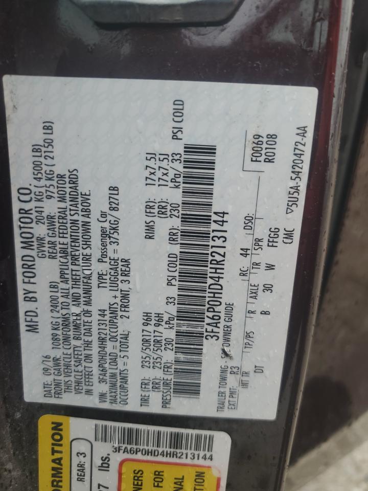 2017 Ford Fusion Se VIN: 3FA6P0HD4HR213144 Lot: 81610175