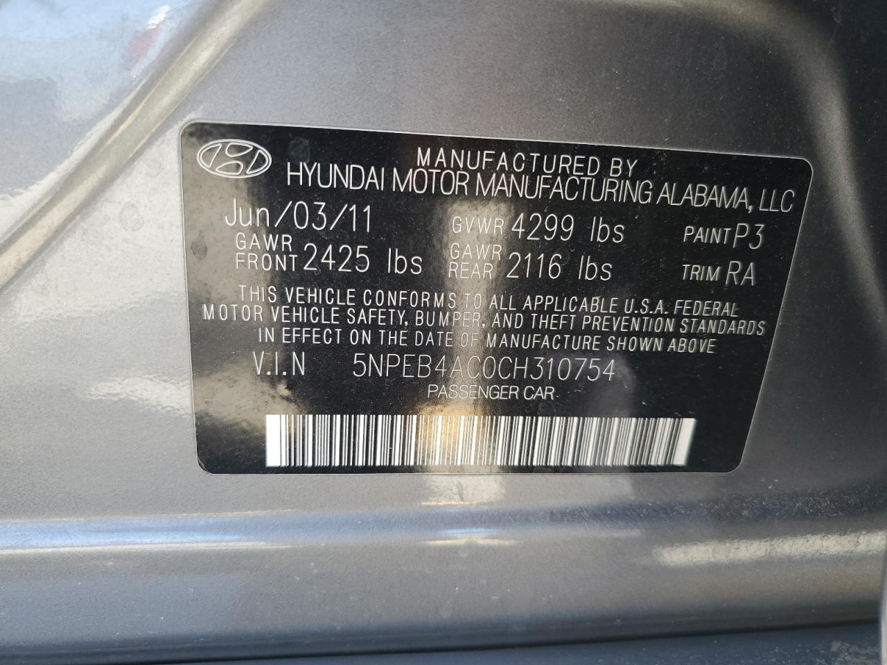 2012 Hyundai Sonata Gls VIN: 5NPEB4AC0CH310754 Lot: 71933105