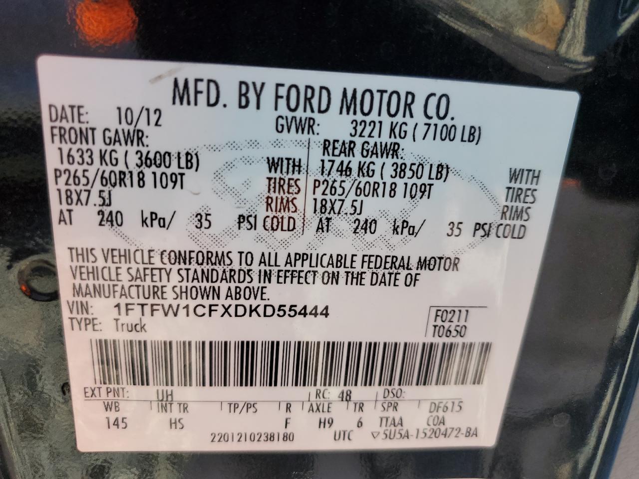 2013 Ford F150 Supercrew VIN: 1FTFW1CFXDKD55444 Lot: 84397135