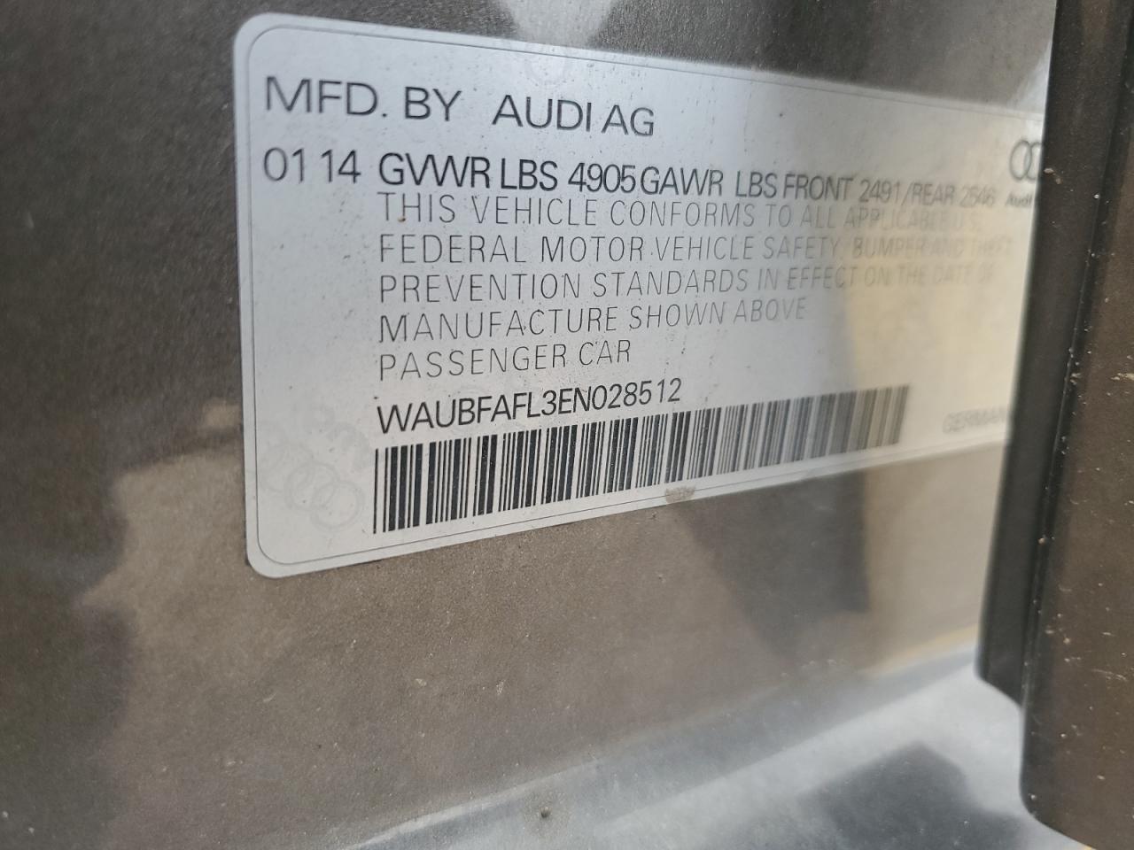 2014 Audi A4 Premium VIN: WAUBFAFL3EN028512 Lot: 71216995