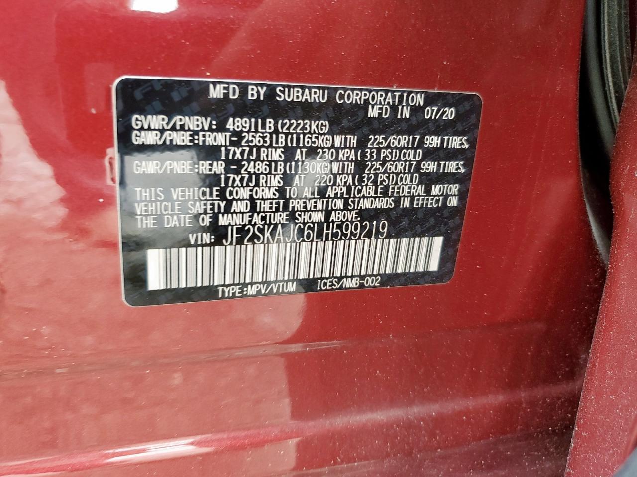 2020 Subaru Forester Premium VIN: JF2SKAJC6LH599219 Lot: 81233935