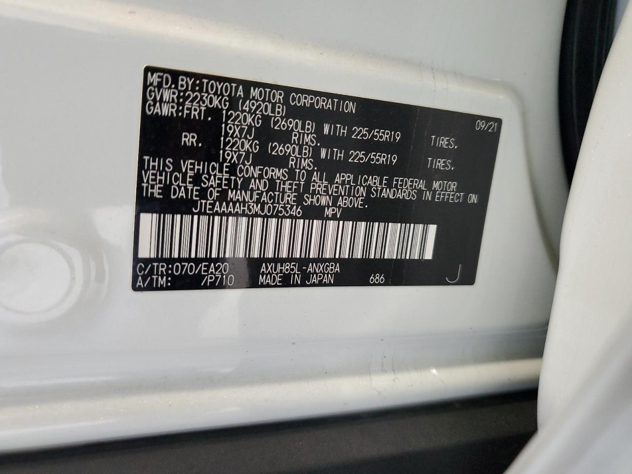 2021 Toyota Venza Le VIN: JTEAAAAH3MJ075346 Lot: 81194145