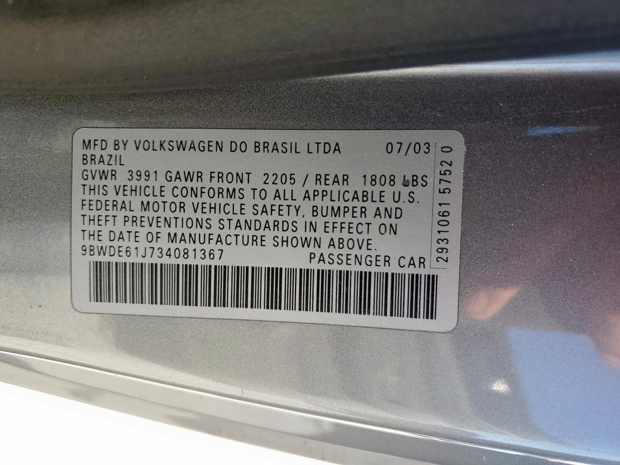 2003 Volkswagen Gti VIN: 9BWDE61J734081367 Lot: 82075635