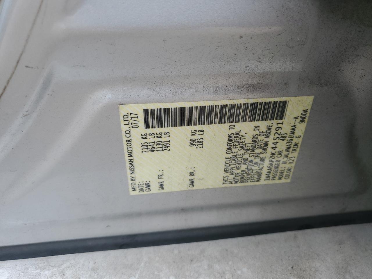 2017 Nissan Maxima 3.5S VIN: 1N4AA6AP2HC445291 Lot: 84038105