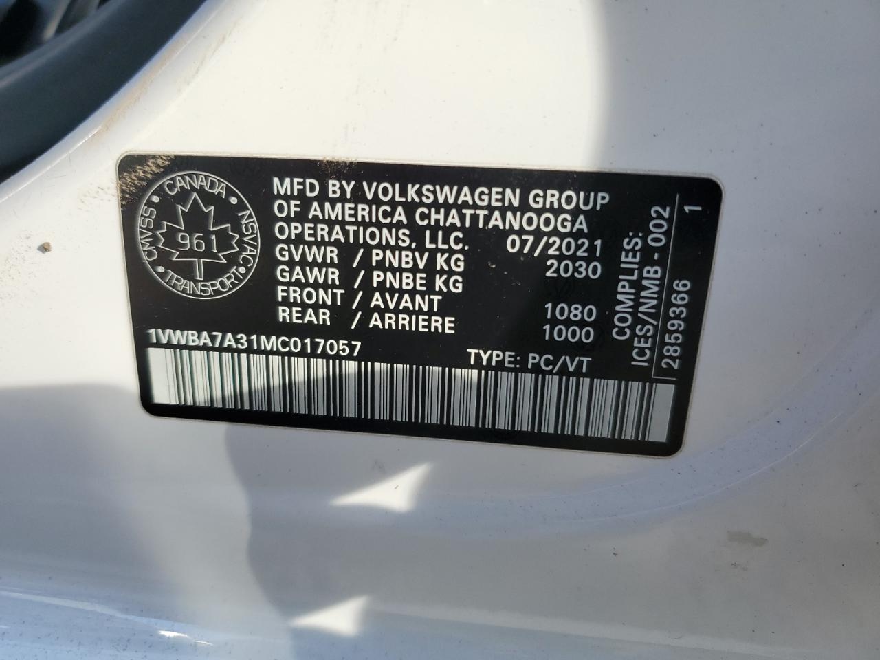 2021 Volkswagen Passat Highline VIN: 1VWBA7A31MC017057 Lot: 80545825