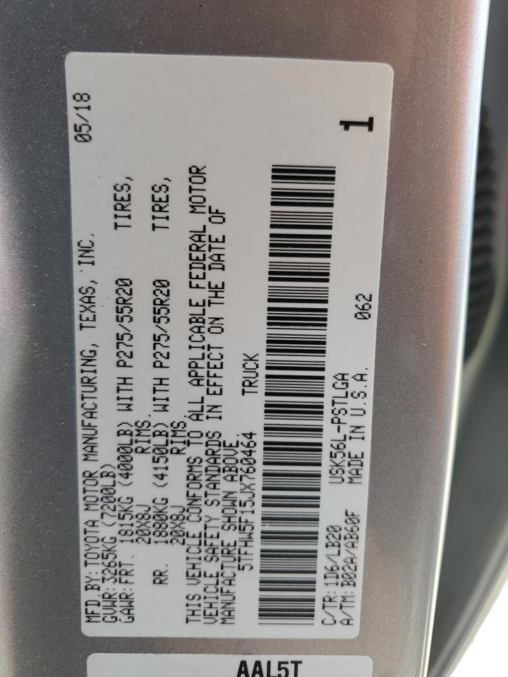 2018 Toyota Tundra Crewmax Limited VIN: 5TFHW5F15JX760464 Lot: 80138545