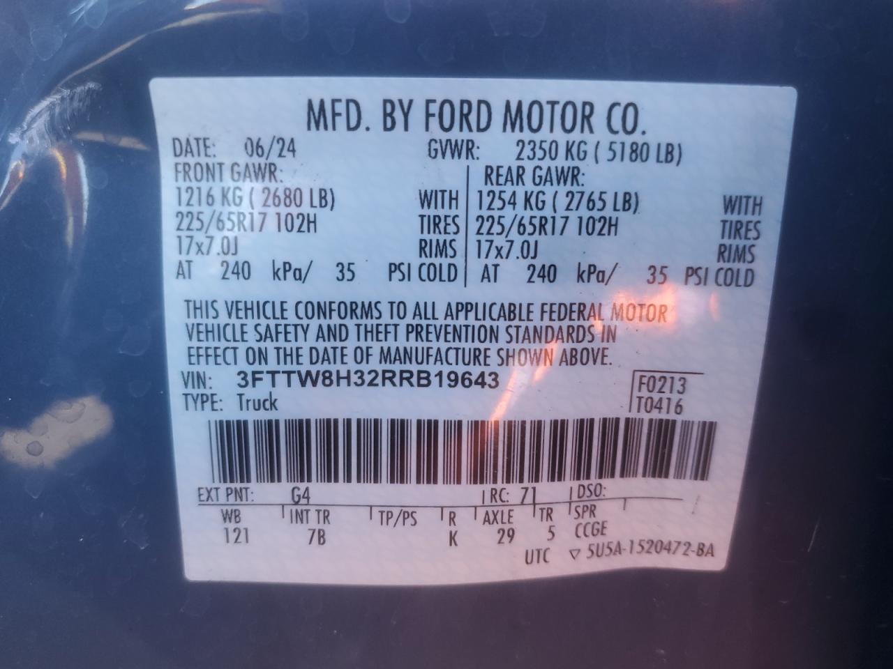 2024 Ford Maverick Xlt VIN: 3FTTW8H32RRB19643 Lot: 84708395