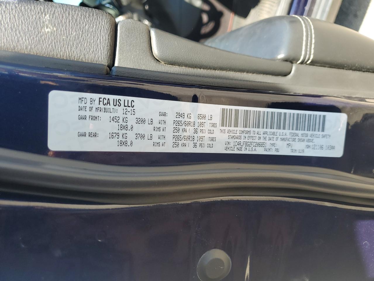 2015 Jeep Grand Cherokee Limited VIN: 1C4RJFBG2FC206851 Lot: 70449925