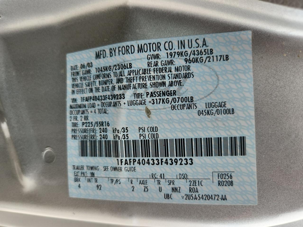 2003 Ford Mustang VIN: 1FAFP40433F439233 Lot: 81489475