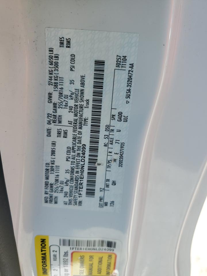 2022 Ford Ranger Xl VIN: 1FTER1EH0NLD24099 Lot: 84374495