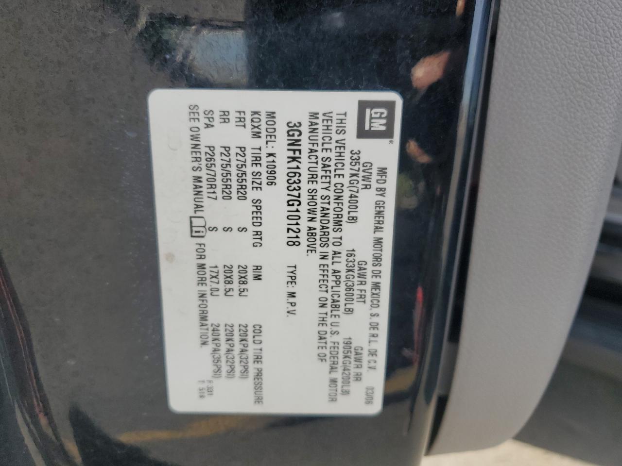 2007 Chevrolet Suburban K1500 VIN: 3GNFK16337G101218 Lot: 84414035