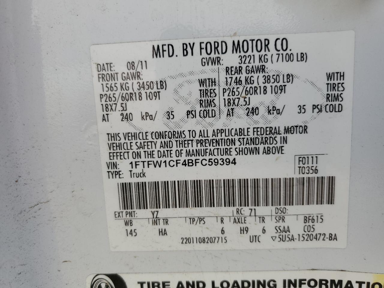 2011 Ford F150 Supercrew VIN: 1FTFW1CF4BFC59394 Lot: 81070235