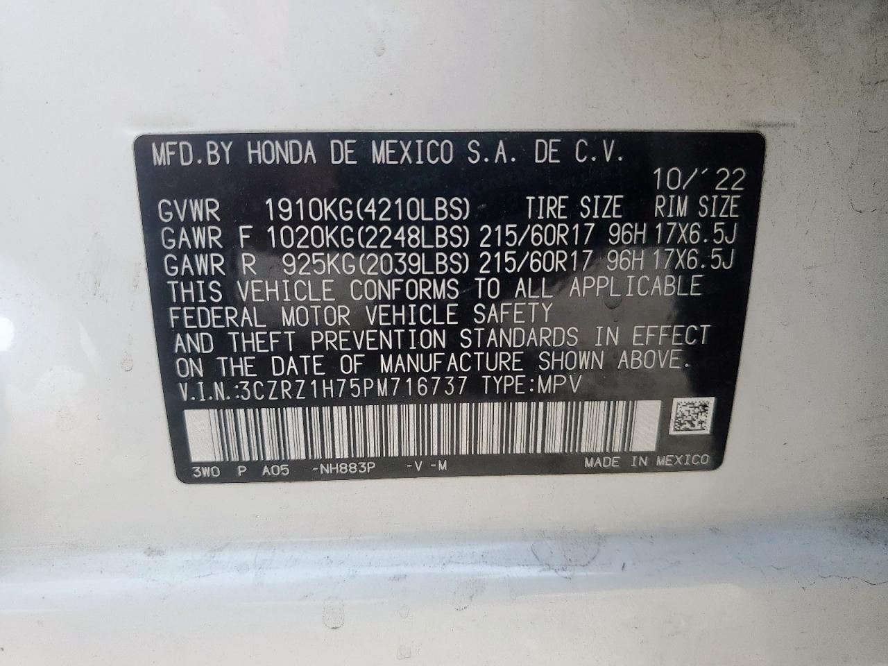 2023 Honda Hr-V Exl VIN: 3CZRZ1H75PM716737 Lot: 80958875