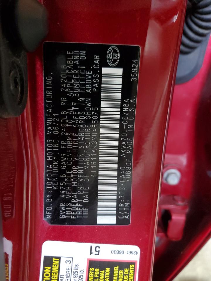 2021 Toyota Camry Le VIN: 4T1R11AK3MU485075 Lot: 82098765