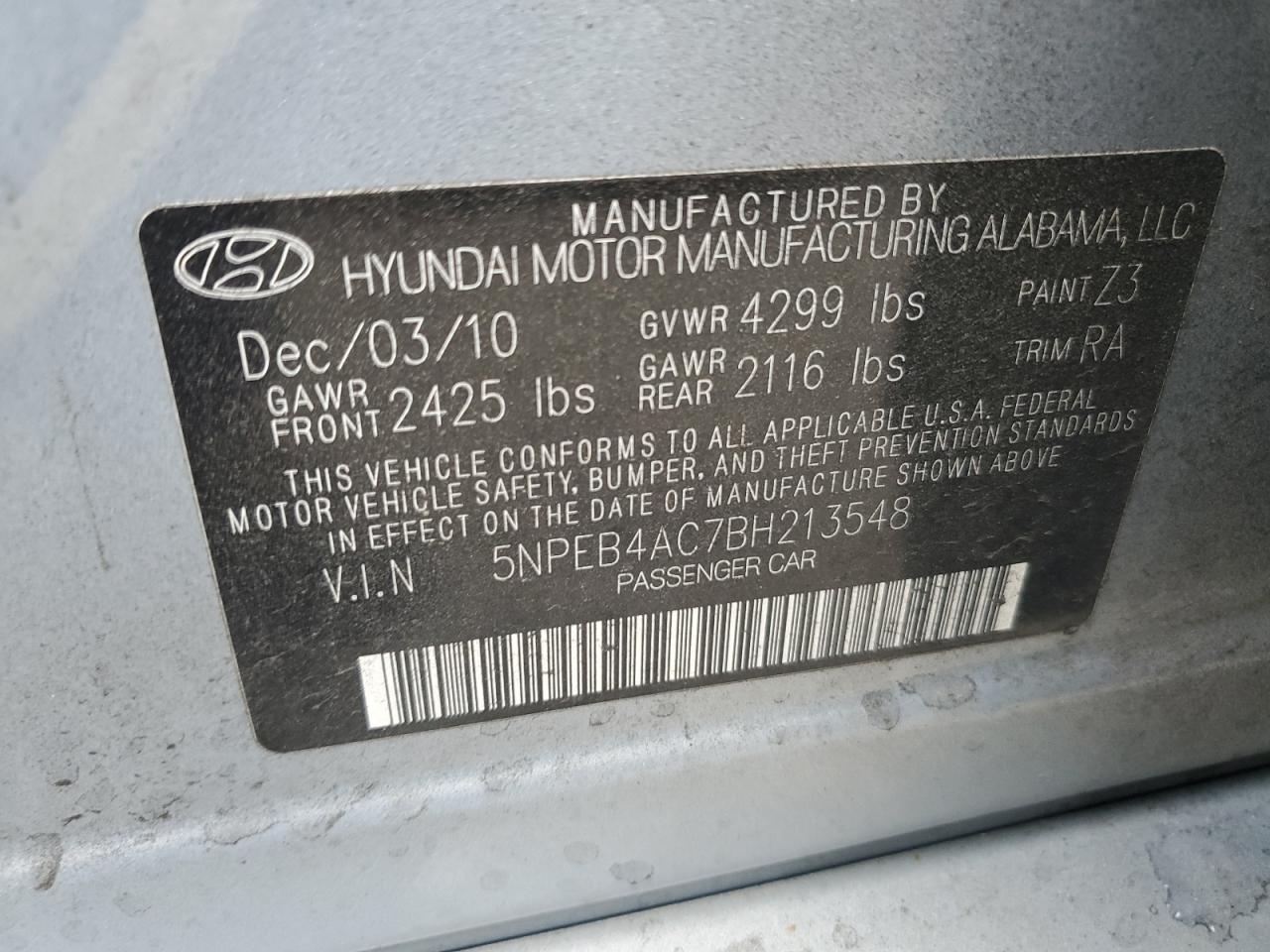 2011 Hyundai Sonata Gls VIN: 5NPEB4AC7BH213548 Lot: 80963555