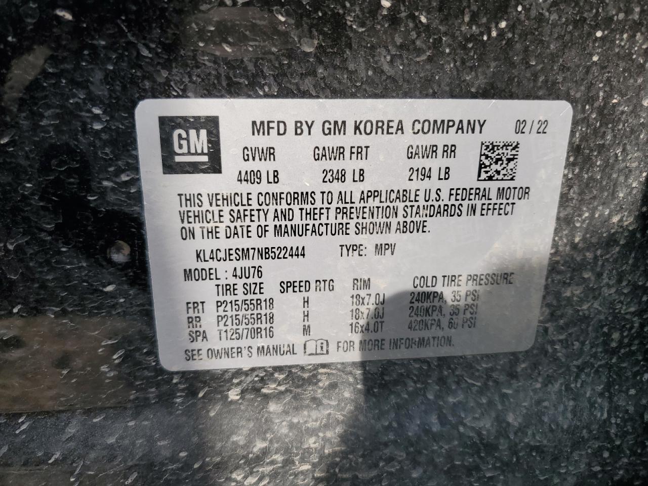 2022 Buick Encore Preferred VIN: KL4CJESM7NB522444 Lot: 71260835