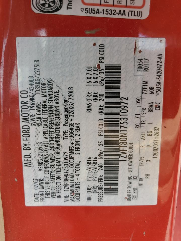 2007 Ford Mustang VIN: 1ZVFT80N175310972 Lot: 67811945