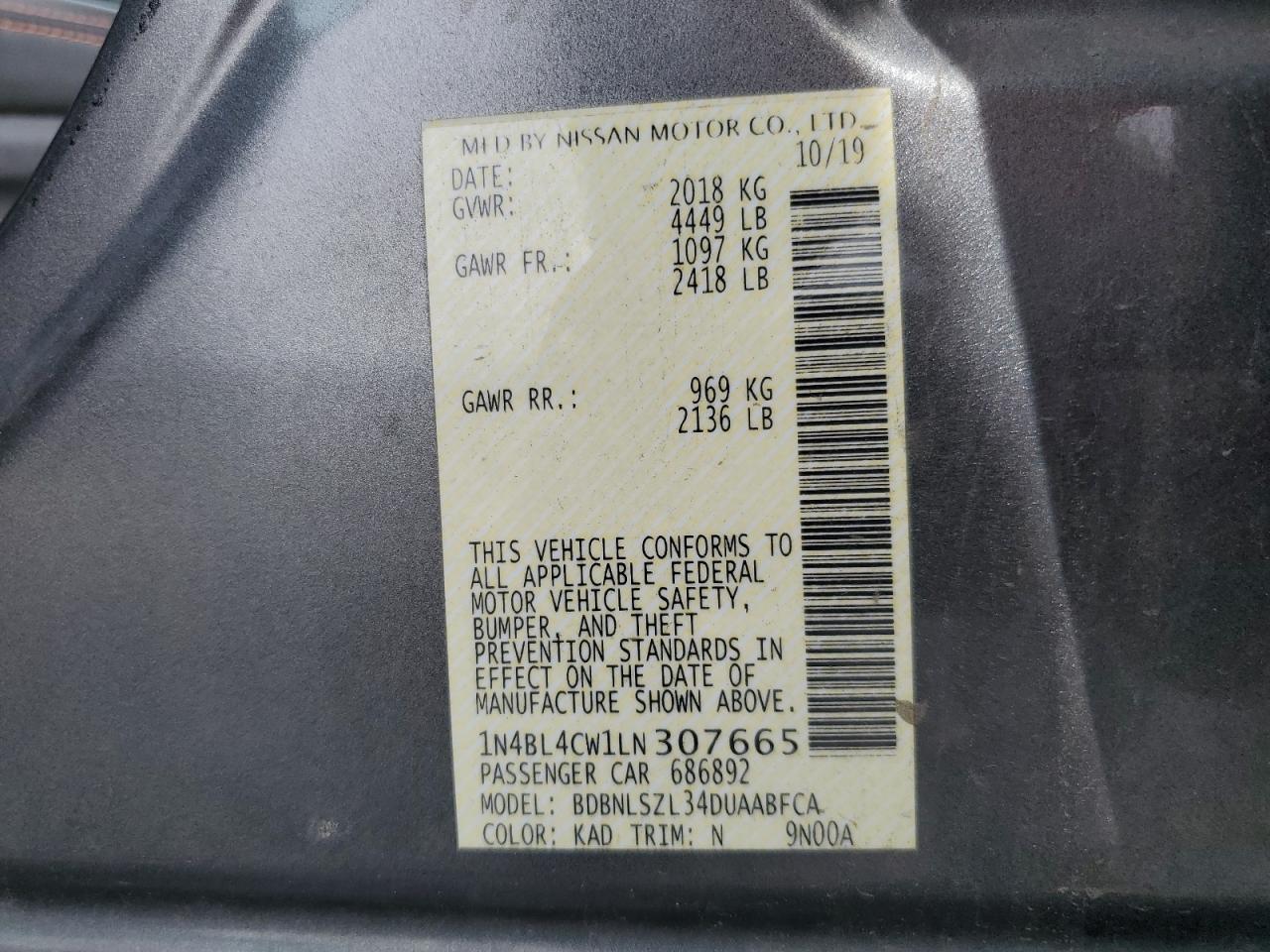 2020 Nissan Altima Sr VIN: 1N4BL4CW1LN307665 Lot: 80964905