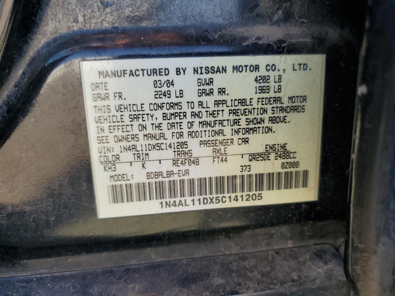 2005 Nissan Altima S VIN: 1N4AL11DX5C141205 Lot: 81806095