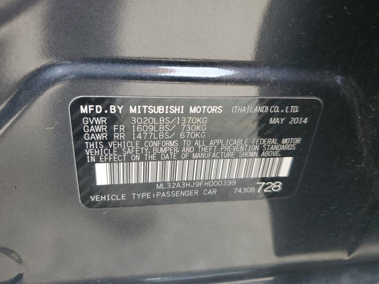 2015 Mitsubishi Mirage De VIN: ML32A3HJ9FH000399 Lot: 82128165