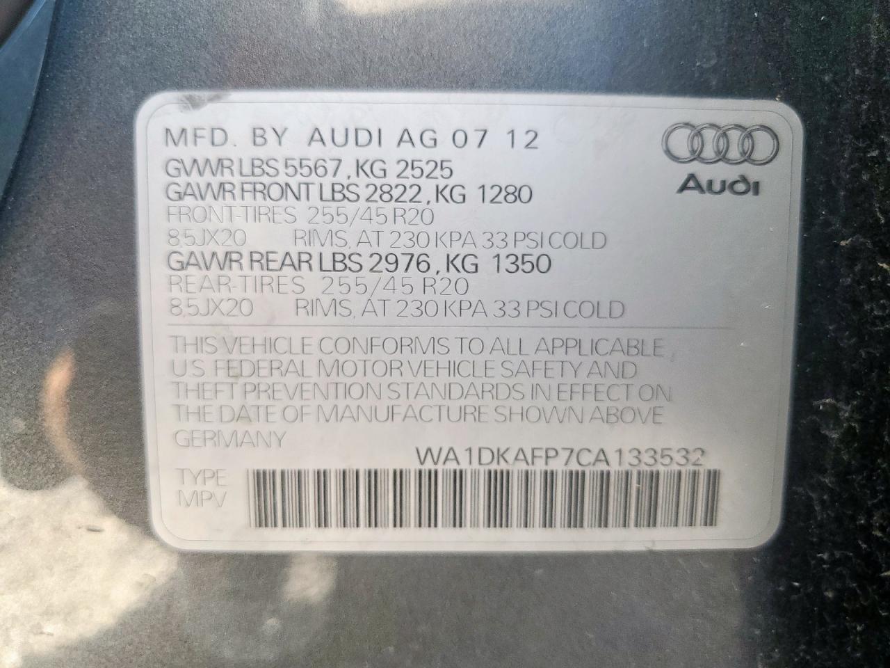 2012 Audi Q5 Premium Plus VIN: WA1DKAFP7CA133532 Lot: 84209745
