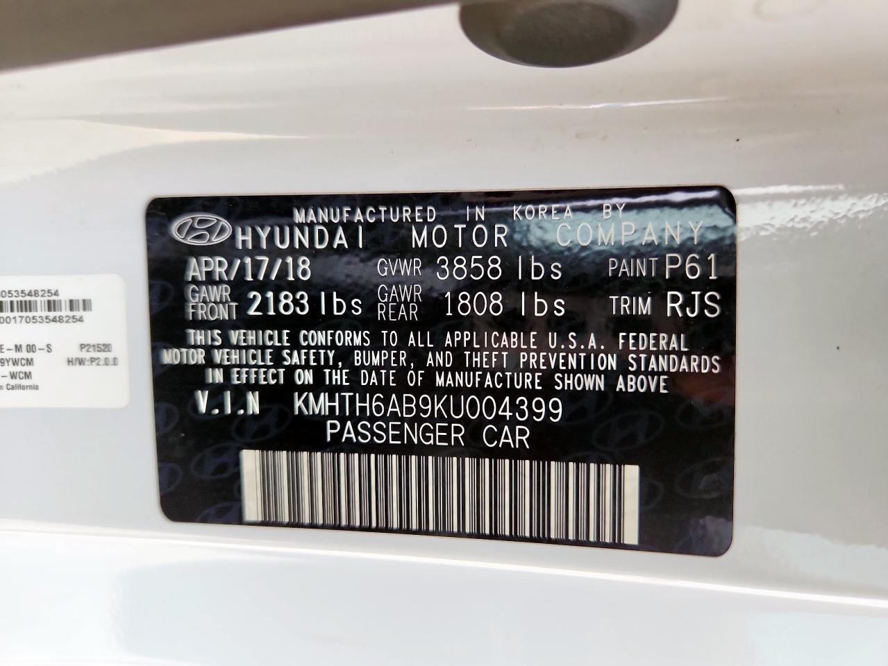 2019 Hyundai Veloster Turbo VIN: KMHTH6AB9KU004399 Lot: 71371085