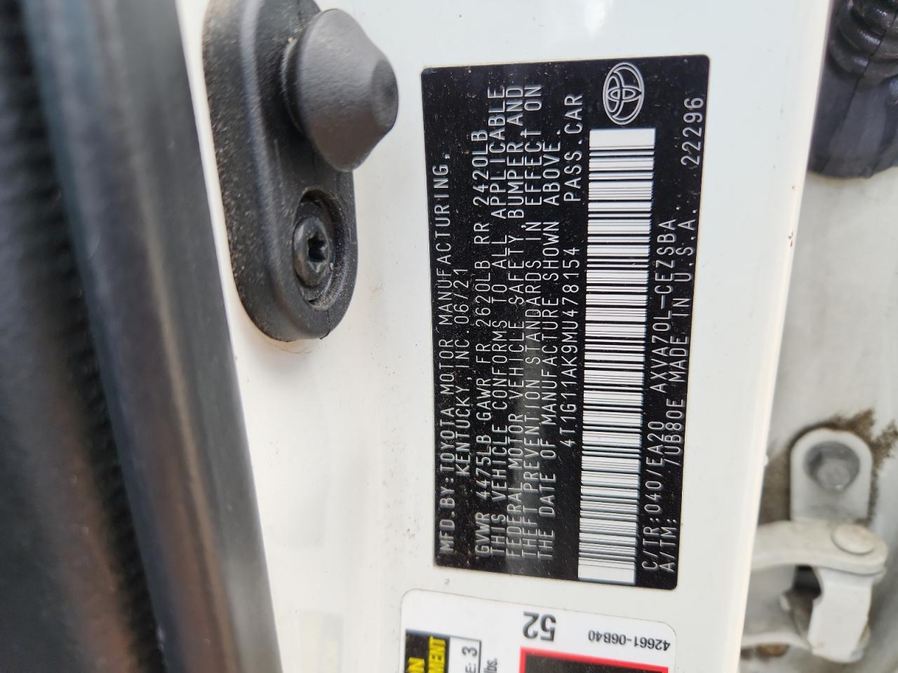 2021 Toyota Camry Se VIN: 4T1G11AK9MU478154 Lot: 83878235