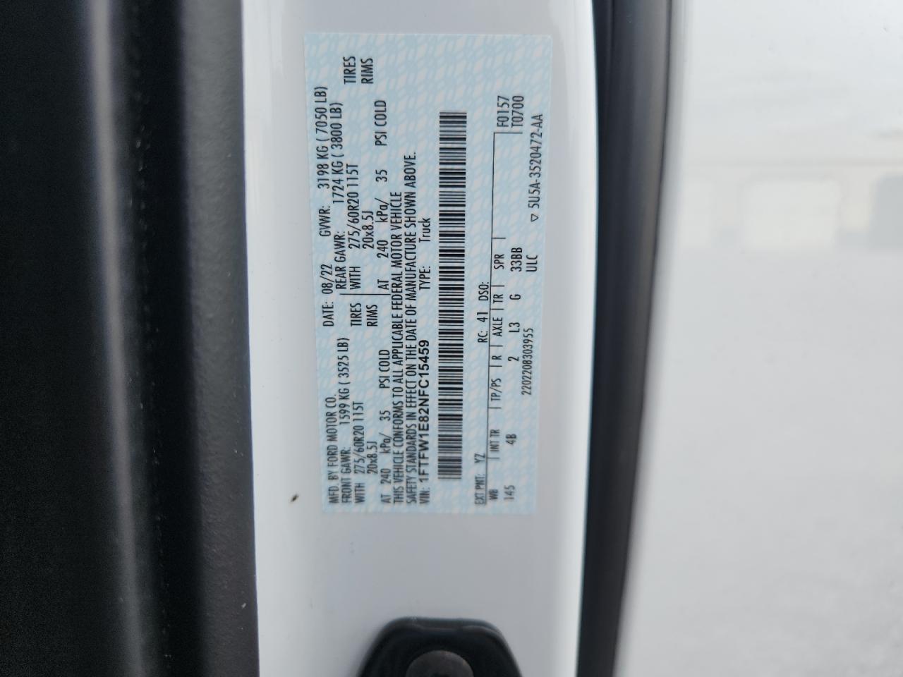 2022 Ford F150 Supercrew VIN: 1FTFW1E82NFC15459 Lot: 81243525