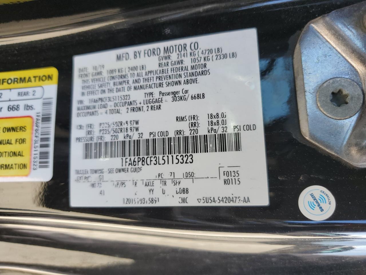 2020 Ford Mustang Gt VIN: 1FA6P8CF3L5115323 Lot: 80403365