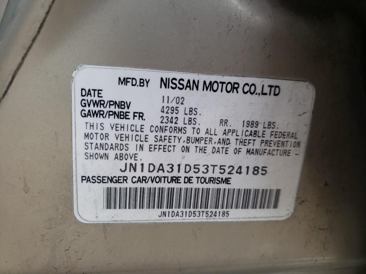 2003 Nissan Maxima Gle VIN: JN1DA31D53T524185 Lot: 80639245