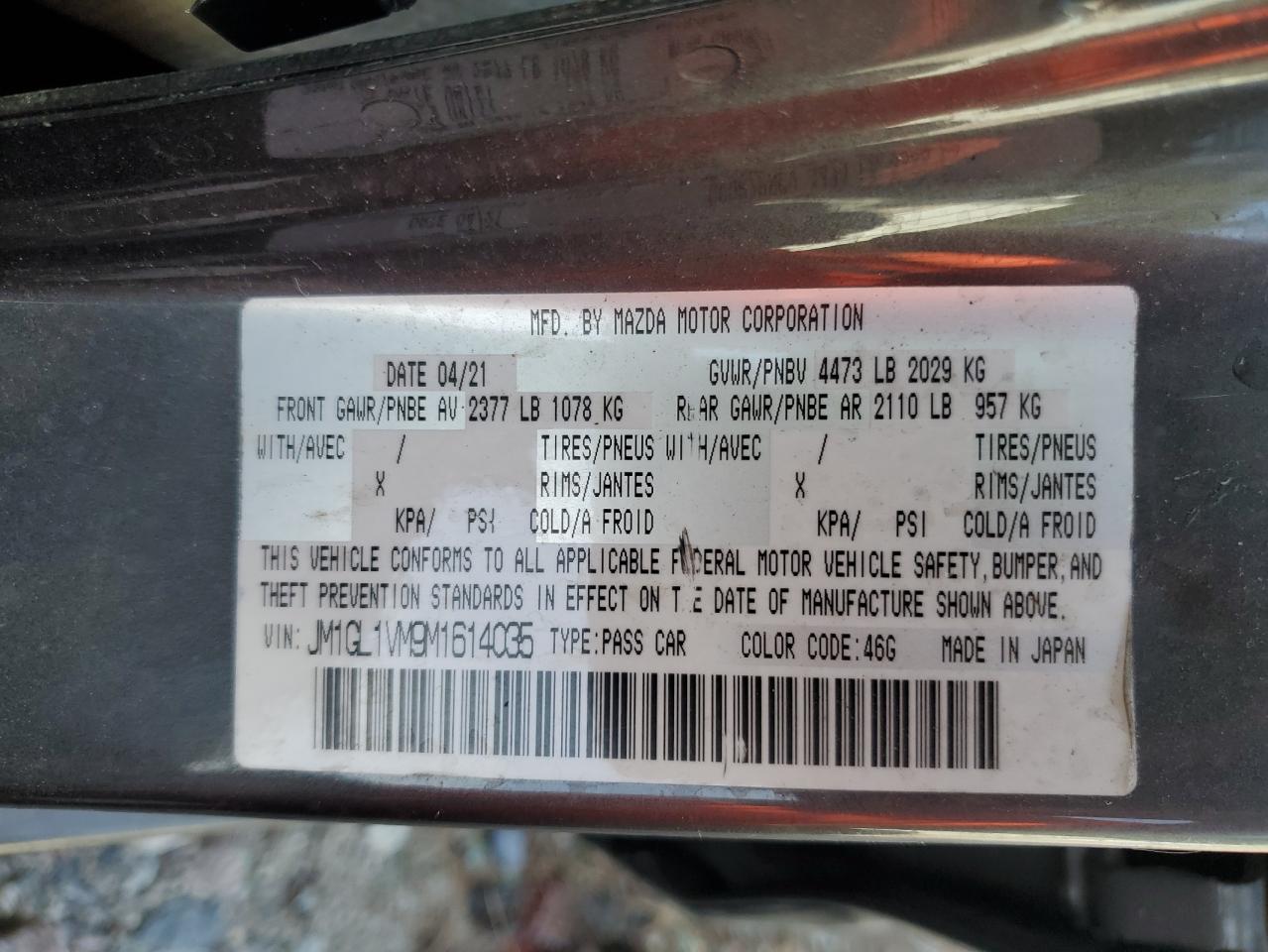 2021 Mazda 6 Touring VIN: JM1GL1VM9M1614035 Lot: 81703265