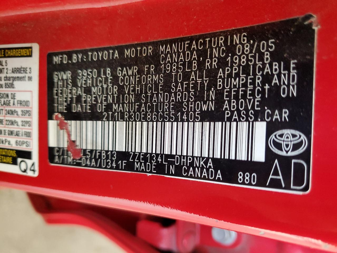 2006 Toyota Corolla Matrix Base VIN: 2T1LR30E86C551405 Lot: 80879595