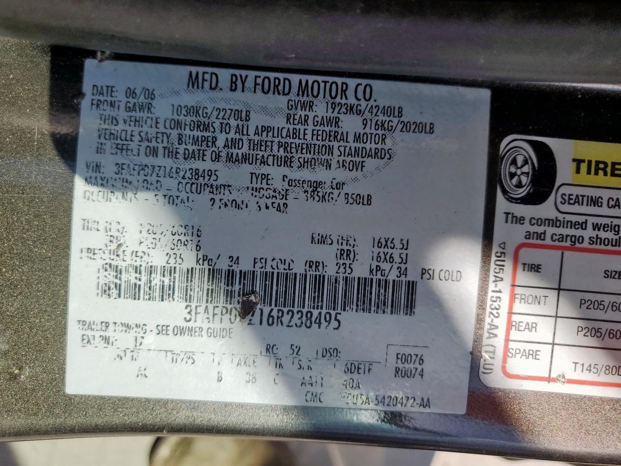 2006 Ford Fusion Se VIN: 3FAFP07Z16R238495 Lot: 82124425