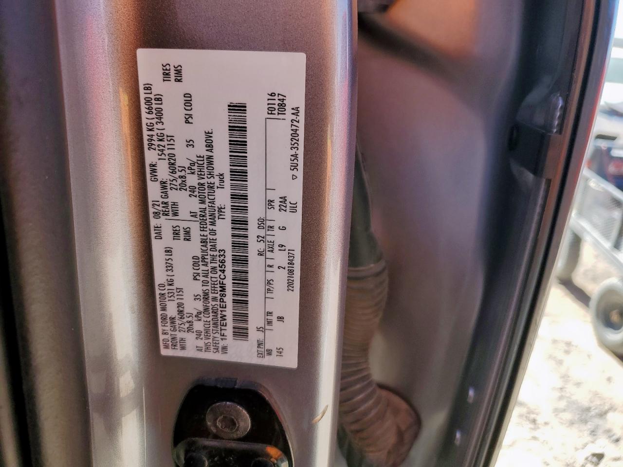 2021 Ford F150 Supercrew VIN: 1FTEW1EP8MFC45633 Lot: 82157455