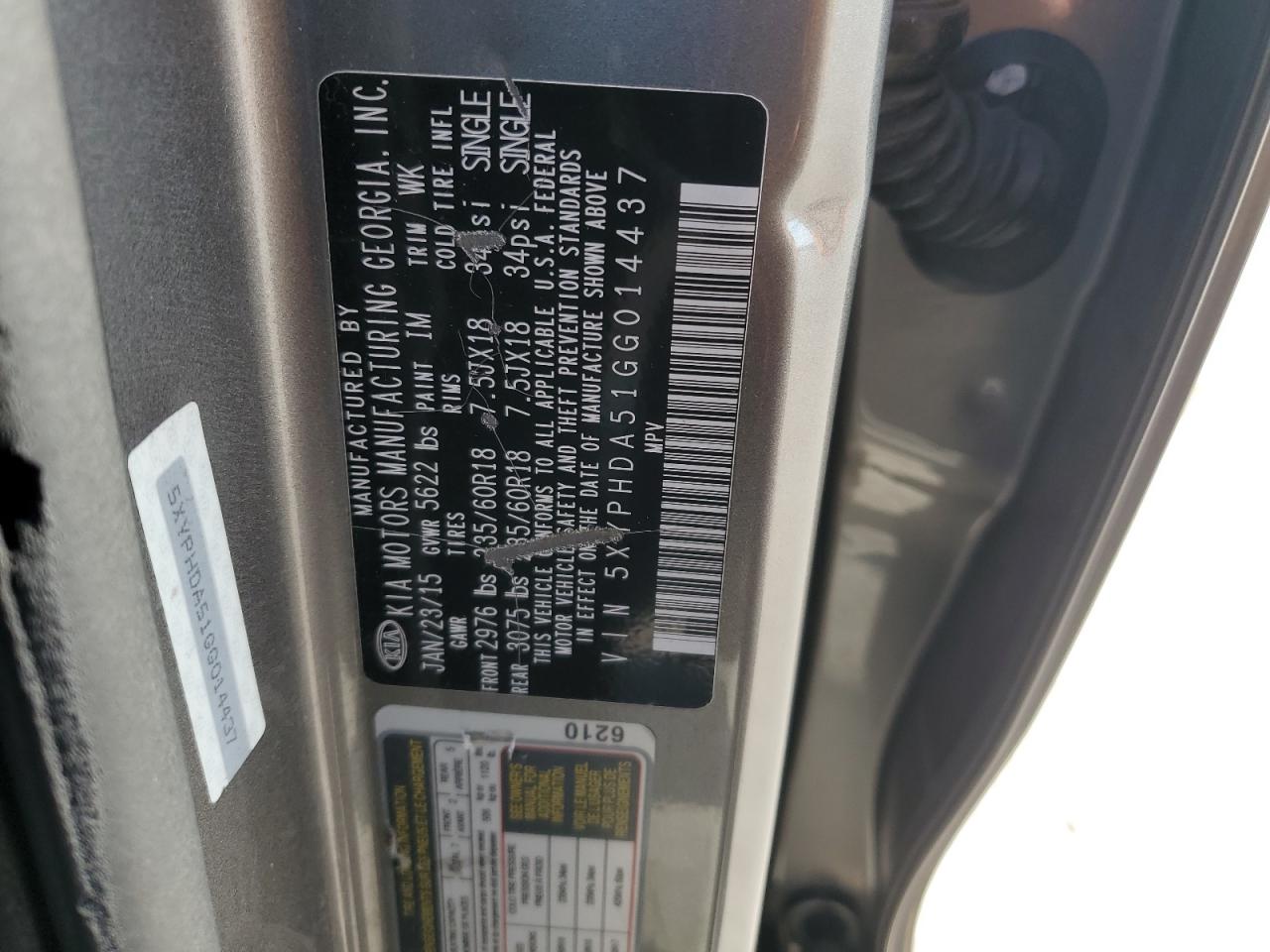 2016 Kia Sorento Ex VIN: 5XYPHDA51GG014437 Lot: 80398075