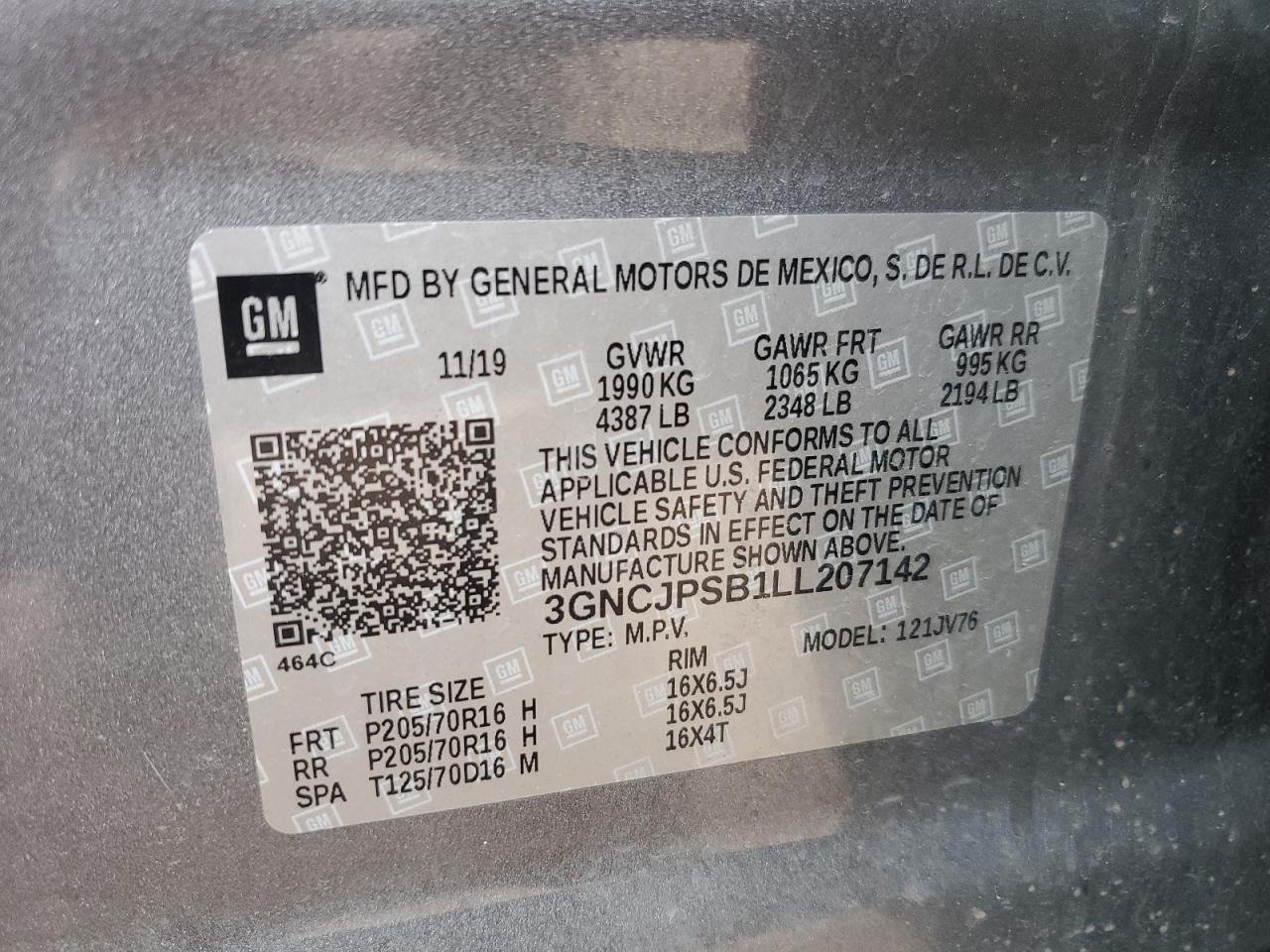 2020 Chevrolet Trax 1Lt VIN: 3GNCJPSB1LL207142 Lot: 71821925