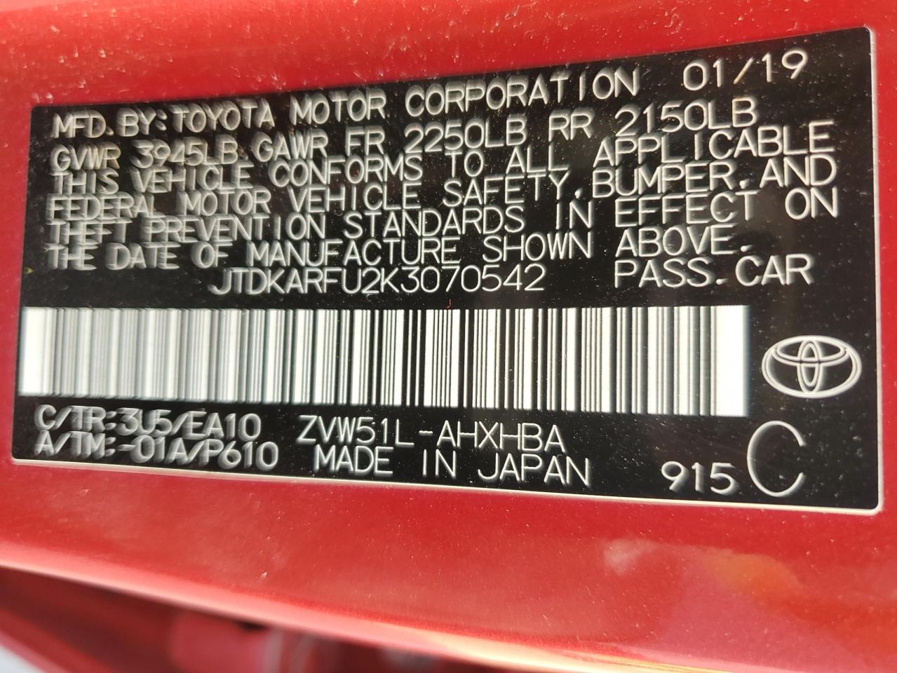 2019 Toyota Prius VIN: JTDKARFU2K3070542 Lot: 81419095