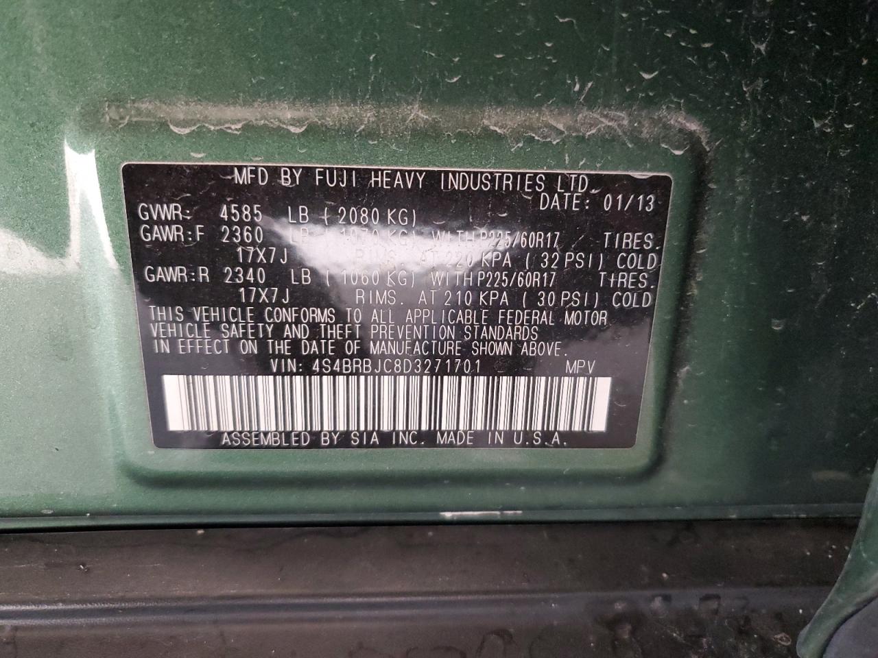 2013 Subaru Outback 2.5I Limited VIN: 4S4BRBJC8D3271701 Lot: 83971845