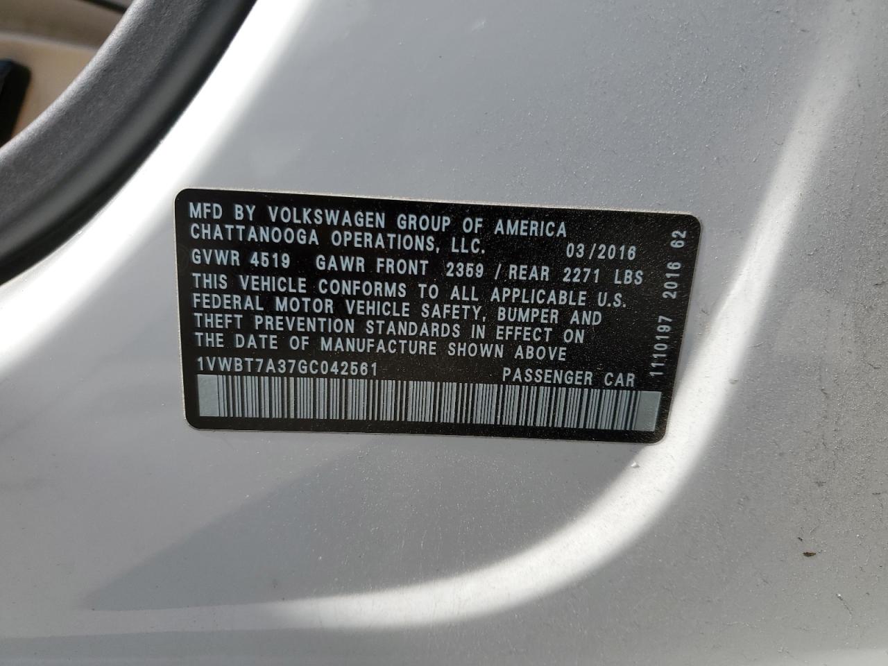 2016 Volkswagen Passat Se VIN: 1VWBT7A37GC042561 Lot: 81629445