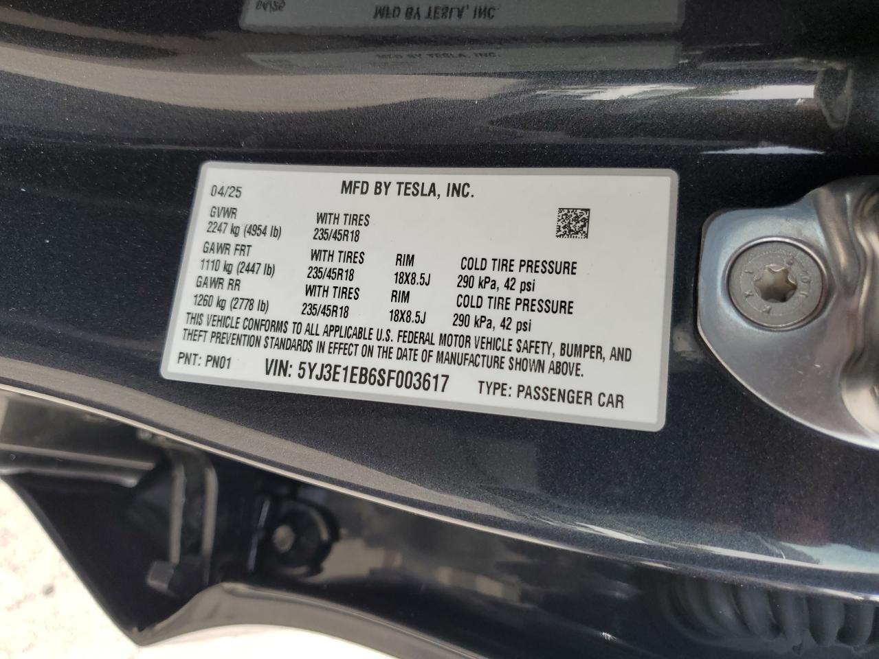 2025 Tesla Model 3 VIN: 5YJ3E1EB6SF003617 Lot: 80392615