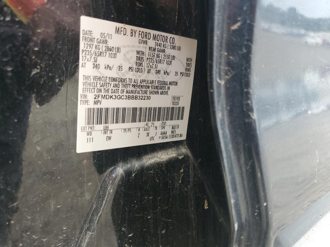 2011 Ford Edge Se VIN: 2FMDK3GC3BBB32230 Lot: 71844815