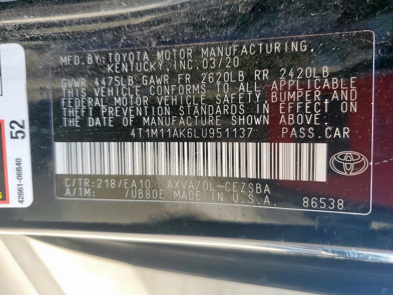 2020 Toyota Camry Se VIN: 4T1M11AK6LU951137 Lot: 84247475