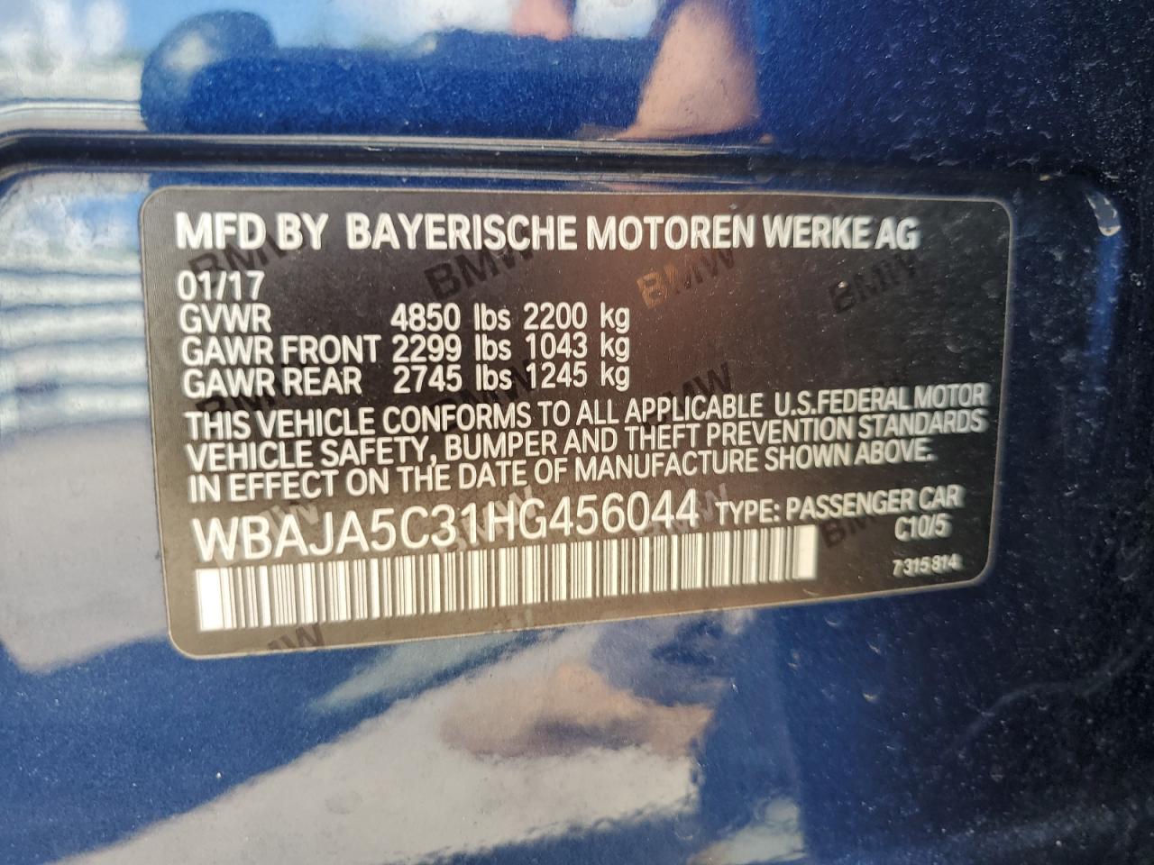 2017 BMW 530 I VIN: WBAJA5C31HG456044 Lot: 83988235