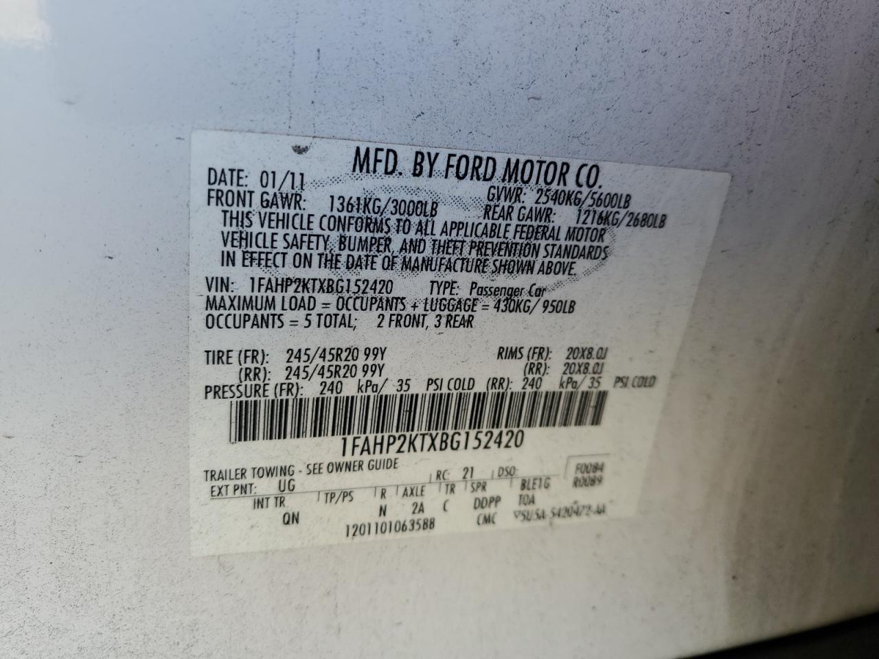 2011 Ford Taurus Sho VIN: 1FAHP2KTXBG152420 Lot: 81603555