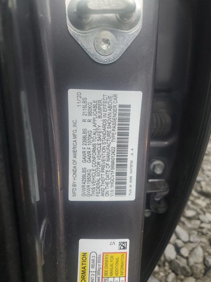 2021 Honda Accord Exl VIN: 1HGCV1F56MA012422 Lot: 81452575