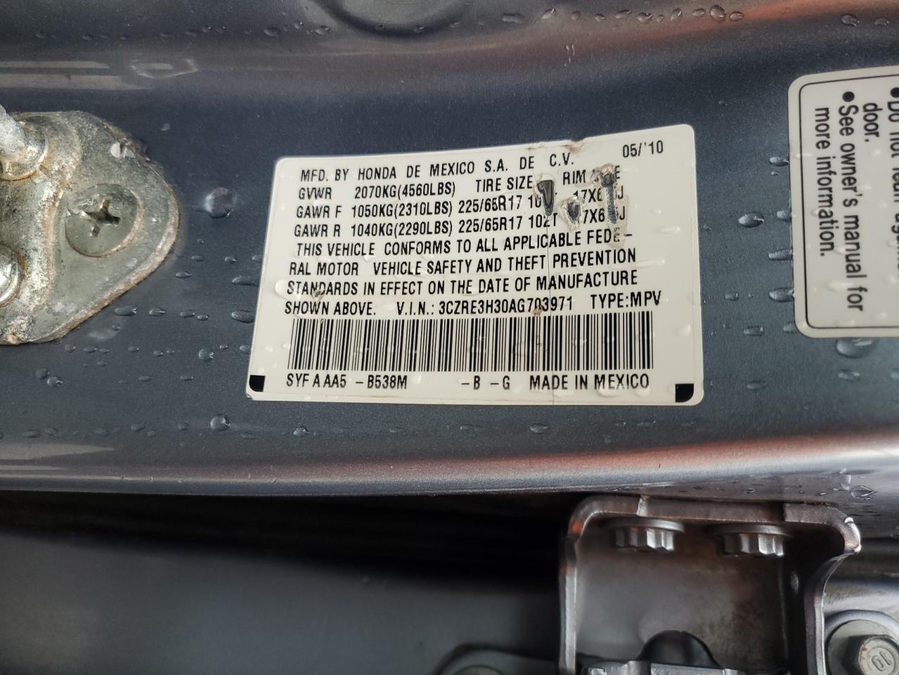 2010 Honda Cr-V Lx VIN: 3CZRE3H30AG703971 Lot: 82040865