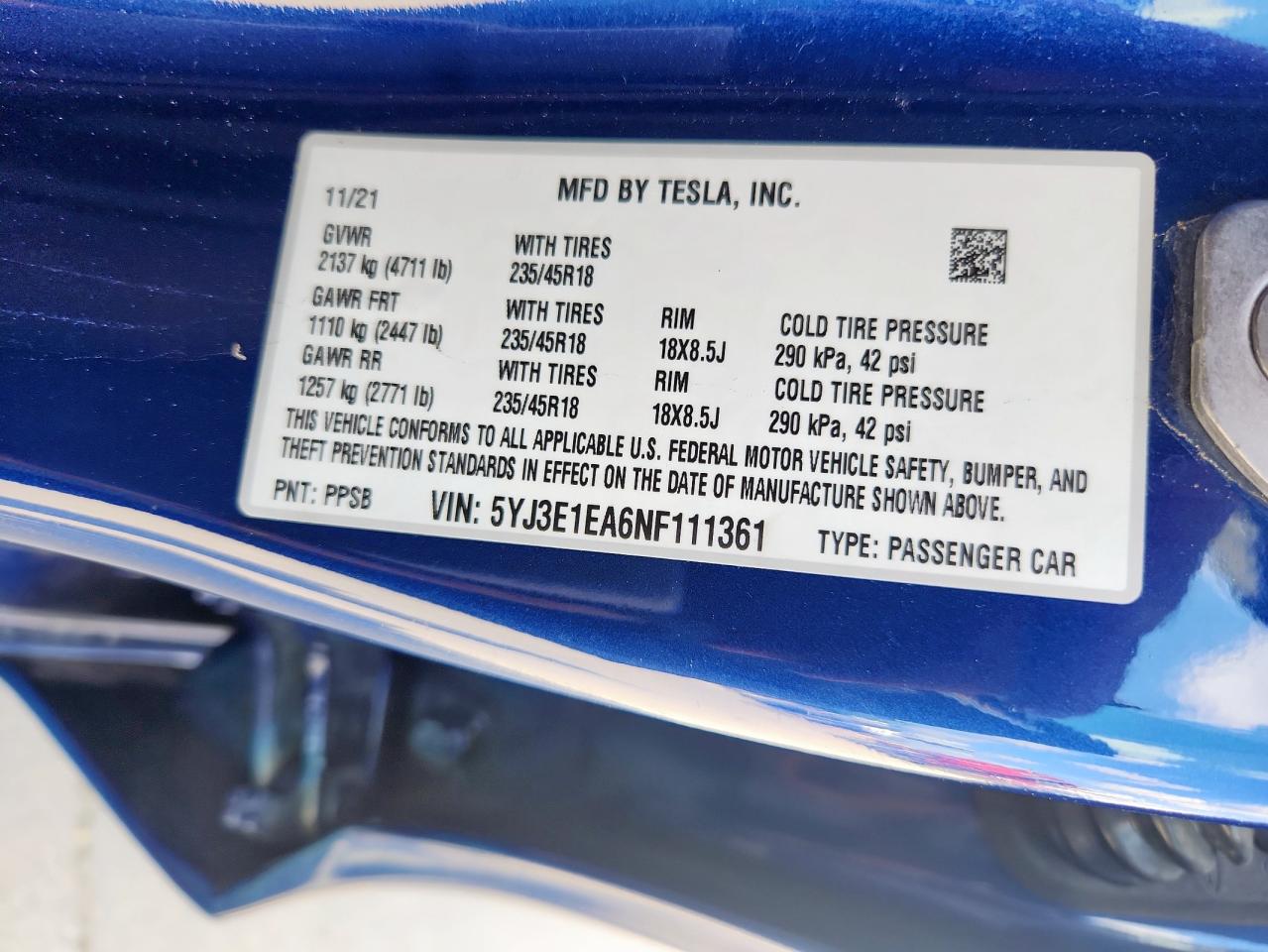 2022 Tesla Model 3 VIN: 5YJ3E1EA6NF111361 Lot: 84215365