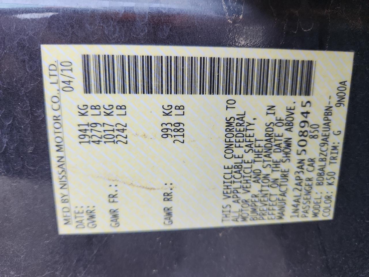 2010 Nissan Altima Base VIN: 1N4AL2AP3AN508945 Lot: 81337425